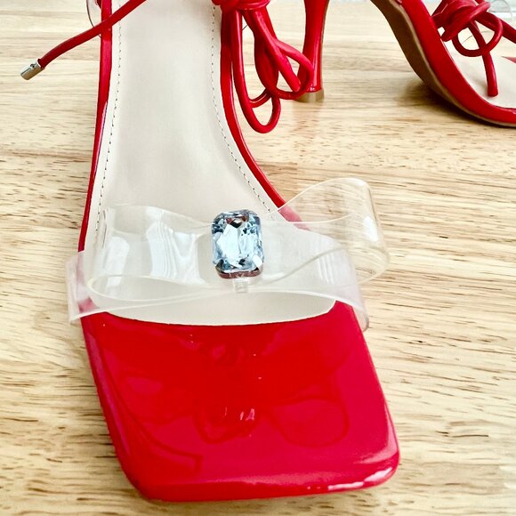 Women's 7 US Red Strappy Lace-Up Ankle Strap Clear Bow Rhinestone Stiletto Heels - Picture 6 of 10
